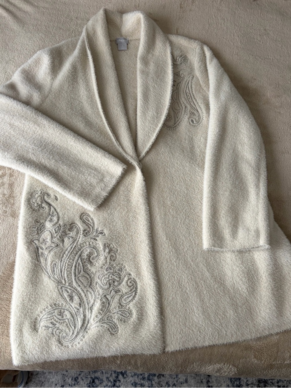 Chico's Cream Embroidered Collar Sweater Coat